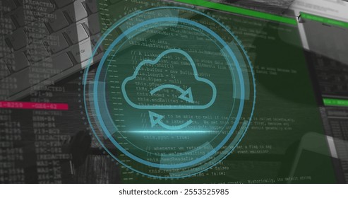 Image of cloud over scope and financial data processing. Global finance, business, connections, cloud computing and data processing concept digitally generated image.