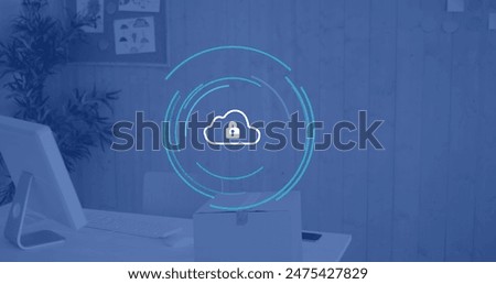 Image of cloud with padlock and financial data processing over office, copy space. Global business, finances, cloud computing and data processing concept digitally generated image