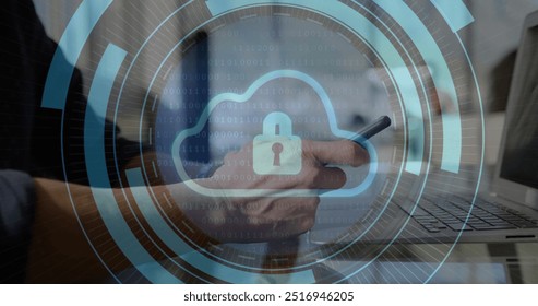 Image of cloud with padlock and scope scanning over caucasian man using smartphone. Global business, technology and digital interface concept digitally generated image.