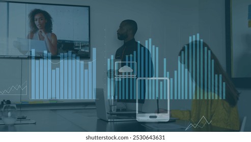 Image of cloud, statistics and financial data processing over business people in office. Global business, finance, cloud computing and data processing concept digitally generated image. - Powered by Shutterstock - Get 15% off with code: PIKWIZARD15