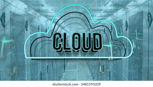 Image of cloud text in cloud, mathematical equation and diagrams over server room. Digital composite, multiple exposure, cloud computing, education, data center, networking and technology concept.