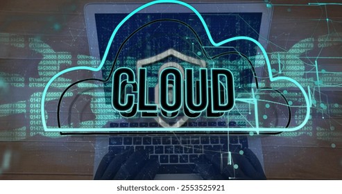 Image of cloud text over chain and laptop with data processing. Global finance, business, connections, cloud computing and data processing concept digitally generated image.