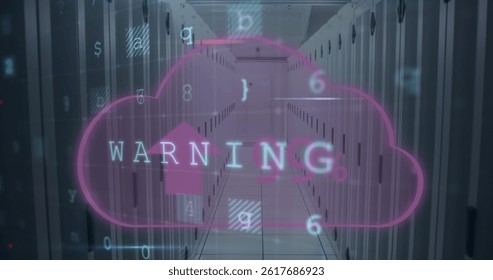 Image of cloud, warning text and data processing over computer servers in background. global internet security, data processing and digital interface concept digitally generated image.