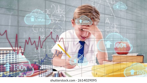 Image of clouds with data processing over caucasian schoolboy. learning, cloud computing, digital interface and data processing concept digitally generated image.