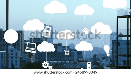Image of clouds with electronic devices over cityscape. Global cloud computing, digital interface and data processing concept digitally generated image.