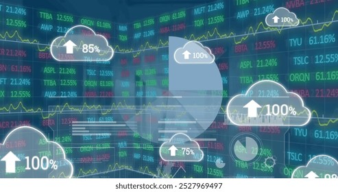 Image of clouds with growing number and data processing globe. Global business finances connections and digital interface concept digitally generated image.