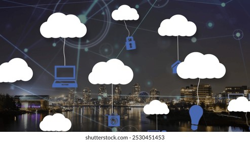 Image of clouds with icons over network of connections and cityscape. Global technology, computing and digital interface concept digitally generated image.