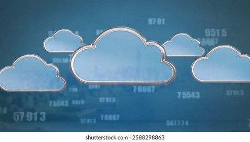 Image of clouds and numbers over blue background. Global science, connections, computing and data processing concept digitally generated image.