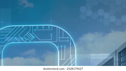 Image of clouds over data processing. Global business and digital interface concept digitally generated image.