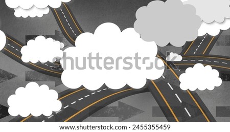 Image of clouds over roads on grey background. transport, traffic, navigation and technology concept digitally generated image.