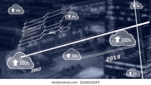 Image of clouds with uploading and data on blurred navy cityscape. global network, cloud computing, connections and data processing concept digitally generated image.