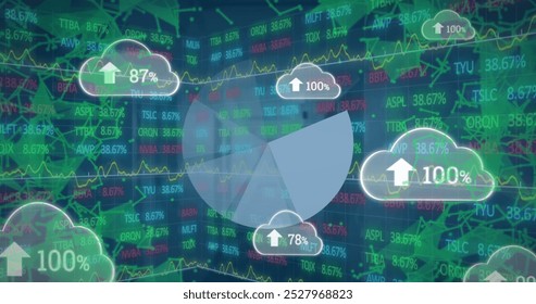 Image of clouds with uploading globe and icons rotating over globe rotating with numbers processing numbers. Global business and digital interface concept digitally generated image.