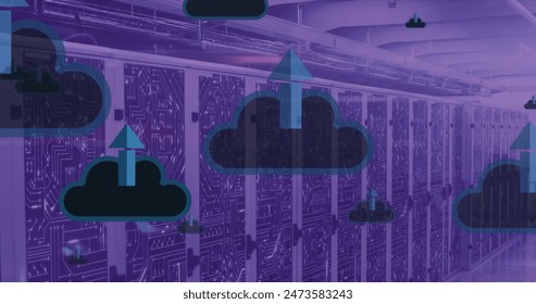 Image of clouds with uploading over violet server room. Communication, global network and technology concept digitally generated image. - Powered by Shutterstock - Get 15% off with code: PIKWIZARD15