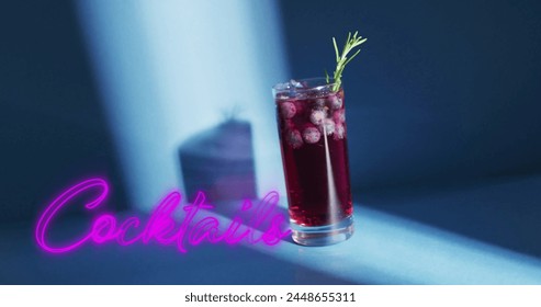 Image of cocktails neon text and cocktail on blue background. Party, drink, entertainment and celebration concept digitally generated image. - Powered by Shutterstock