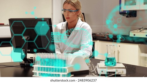 Image of codes, brain, molecule structure over caucasian scientist using computer. Digital composite, research, science, medical, healthcare, laboratory and technology concept. - Powered by Shutterstock