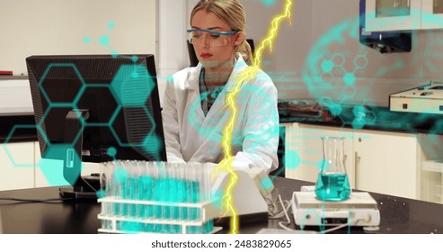 Image of codes, lightning, brain, molecule structure over caucasian scientist using computer. Digital composite, research, science, medical, healthcare, laboratory and technology concept.