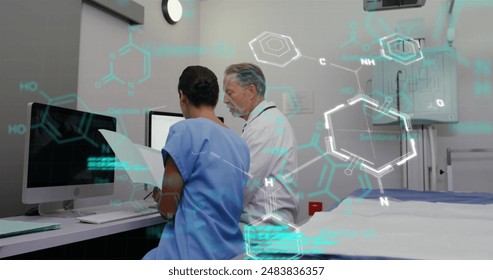 Image of codes, molecule structure over caucasian doctors discussing medical reports in hospital. Digital composite, science, medical, healthcare, research, database, teamwork, computer.