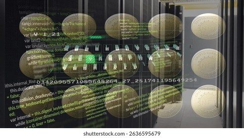 Image of coins with nft and data processing over servers. Digital resources, crypto currency, network, finance and economy concept digitally generated image.