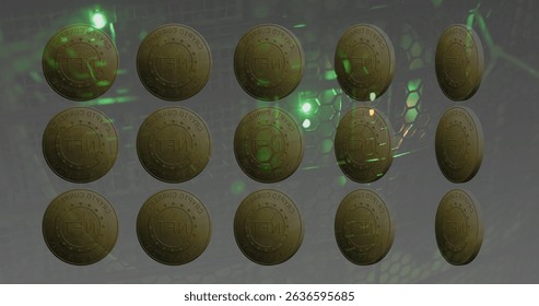 Image of coins with nft and data processing over servers. Digital resources, crypto currency, network, finance and economy concept digitally generated image.