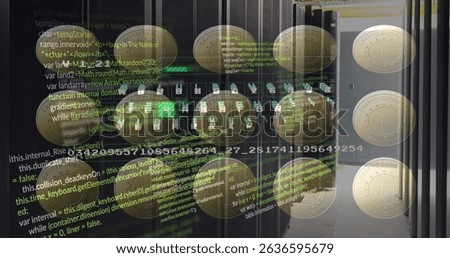 Image of coins with nft and data processing over servers. Digital resources, crypto currency, network, finance and economy concept digitally generated image.
