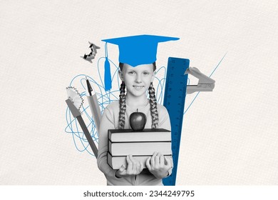 Image collage artwork poster banner of diligent girl hold school supply apple fruit ready back to school isolated white color background - Powered by Shutterstock