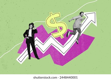 Image collage creative photo young running ambitious man money earning dollar dynamic arrow reach top improvement achieve goal aim target