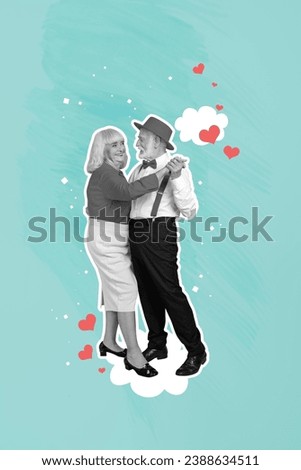 Image collage of enamored happy people soulmates dancing wedding waltz isolated on blue drawing background