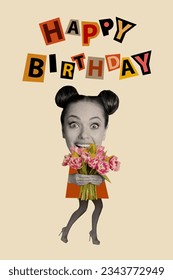 Image collage picture of cheerful pretty woman have fun enjoy birthday gift isolated on painted beige color background