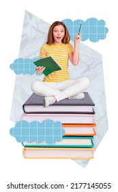 Image collage poster of amazed teen school child sit textbook stack prepare exam report brilliant thought