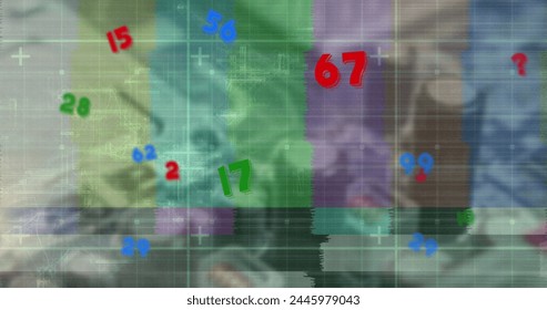 Image of colorful numbers floating over grid network against close up of a computer server. Computer interface and business data storage technology concept