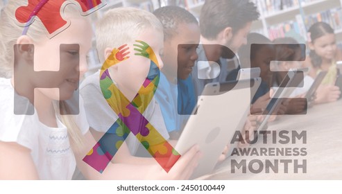 Image of colorful puzzle, ribbon and hope over diverse children with tablets. Autism awareness month and children health concept digitally generated image. - Powered by Shutterstock