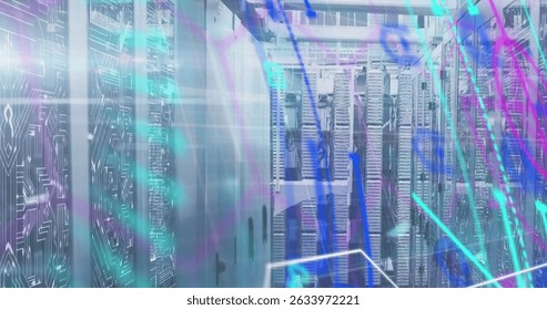 Image of colourful data processing over motherboard and computer servers in server room. Global communication and digital interface concept digitally generated image.