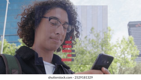 Image of colourful graph over smiling biracial man using smartphone in street. Global communication network, data and digital interface concept digitally generated image. - Powered by Shutterstock