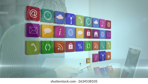 Image of colourful icons over caucasian woman using laptop. global business, finances, digital interface and connections concept digitally generated image.