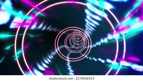 Image of colourful neon tunnel on black background. Shapes, movement, background and digital interface concept digitally generated image.