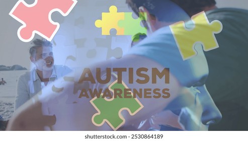 Image of colourful puzzle pieces and autism text over happy friends at summer beach party. autism, learning difficulties, support and awareness concept digitally generated image. - Powered by Shutterstock