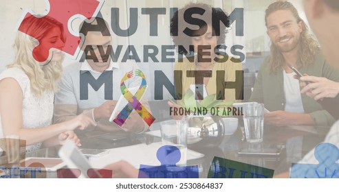 Image of colourful puzzle pieces and autism text over business colleagues using tablet. autism, learning difficulties, support and awareness concept digitally generated image. - Powered by Shutterstock