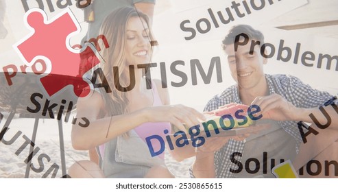 Image of colourful puzzle pieces and autism text over happy friends at summer beach party. autism, learning difficulties, support and awareness concept digitally generated image. - Powered by Shutterstock