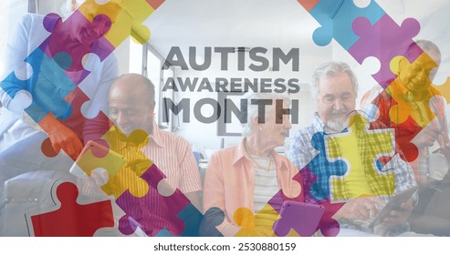 Image of colourful puzzle pieces and autism text over senior friends using electronic devices. autism, learning difficulties, support and awareness concept digitally generated image. - Powered by Shutterstock