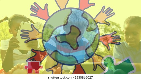 Image of colourful puzzle pieces and globe with hands over children sing tablets. autism, learning difficulties, support and awareness concept digitally generated image. - Powered by Shutterstock