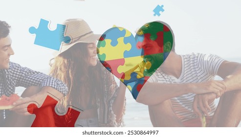 Image of colourful puzzle pieces heart over happy friends at summer beach party. autism, learning difficulties, support and awareness concept digitally generated image. - Powered by Shutterstock