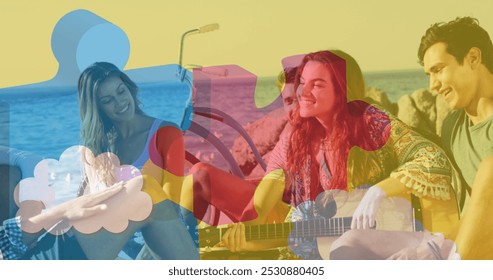 Image of colourful puzzle pieces over happy friends at summer beach party. autism, learning difficulties, support and awareness concept digitally generated image. - Powered by Shutterstock