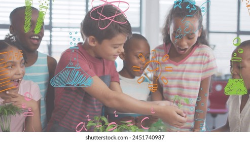 Image of colourful science doodles over happy diverse schoolchildren looking at plants in class. education, childhood and wellbeing concept digitally generated image. - Powered by Shutterstock