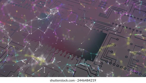 Image of colourful shapes floating over microprocessor connections. digital interface global connections concept digitally generated image.