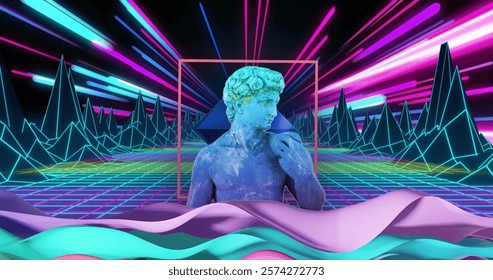 Image of colourful shapes moving over sculpture and digital mountains. Technology, abstraction and digital interface concept digitally generated image.