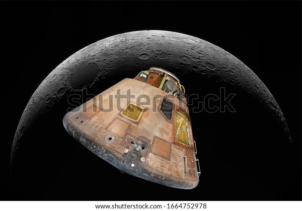 Image\
of the command module of Apollo 11 on the background of the moon.\
Man\'s flights to the moon. Space capsule in\
space.