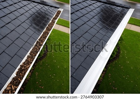 The image compares a clogged gutter filled with numerous brown leaves to a clean gutter
