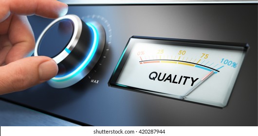 Image compositing between photography and 3D background. Hand turning a knob with a dial on the right side, blur effect. Concept of TQM, Total Quality Management or improvement. - Shutterstock ID 420287944
