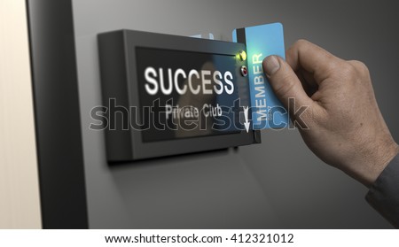 Image compositing between photography and 3D background. Hand with blue cardkey unlocking access to success private club. Concept image for illustration of self realization or entrepreneurship. Stock photo © 