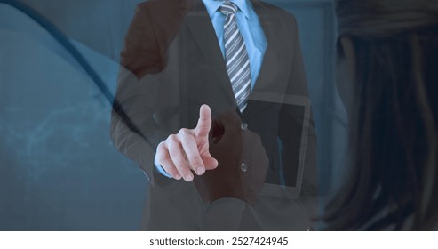 Image of computer circuit board brain over caucasian businessman and female doctor. global medicine, healthcare services, connections and data processing concept digitally generated image.